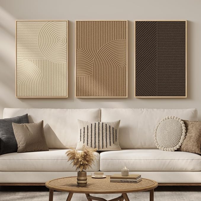 3D Textured Framed Neutral Abstract Wall Art Set, 3 Piece Modern Artwork | Solid Wood Frame, Texture Paintings, Beige Brown Tan Geometric Sculptural, 16x24 In Wall Decor for Living room Bedroom Office - Image 2