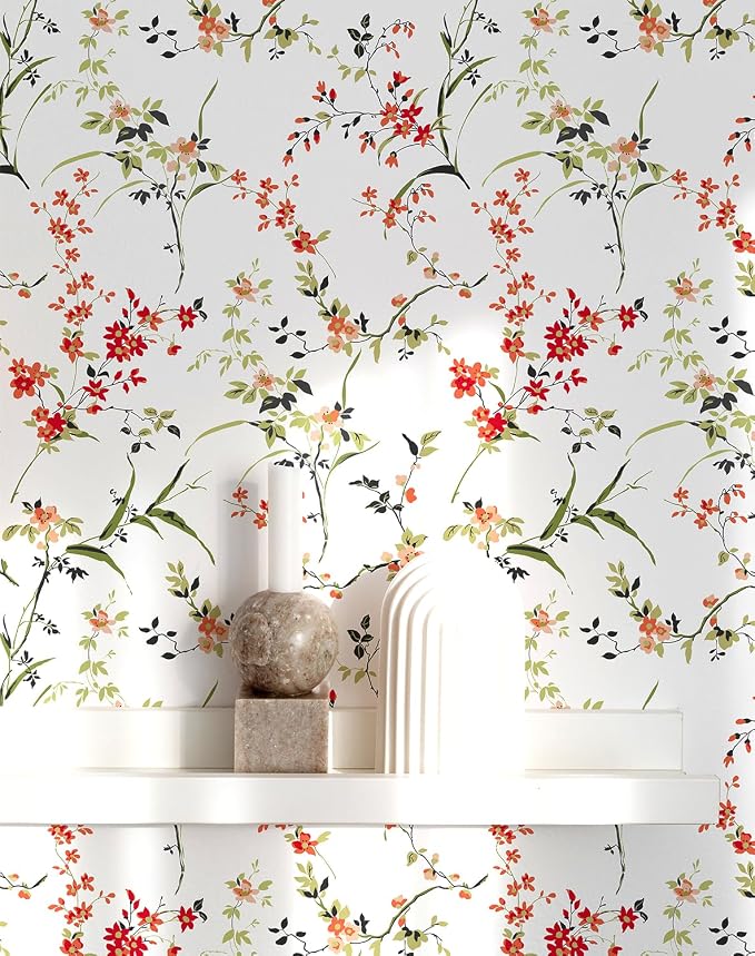 Floral Peel and Stick Wallpaper Self Adhesive Hydrangea Wall Paper French Country Cream Stick on Wallpaper for Bedroom Wall Decor Elegant Mural (Red, 196.85" X 17.4") by HomKihapaiWallpaper