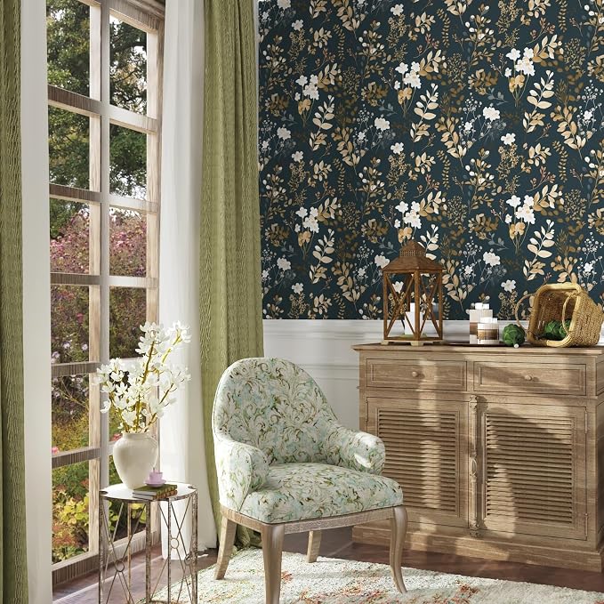 Laatse Vintage Dark Navy Gold Floral Peel and Stick Wallpaper 17.5"x393" | Self Adhesive/Removable/Waterproof/Thick Vinyl Contact Paper for Bathroom Bedroom Shelf Cabinet Drawer,Prepasted,Easy Peel - Image 2
