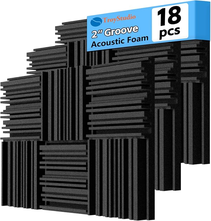 TroyStudio Thick Acoustic Foam Panels, 12 X 12 X 2 Inch 18 Pcs Broadband Sound Absorbing Foam, Dense Soundproof Padding Tile, Recording Studio Foam Absorber, Groove Decorative 3D Wall Ceiling Panel by TroyStudio