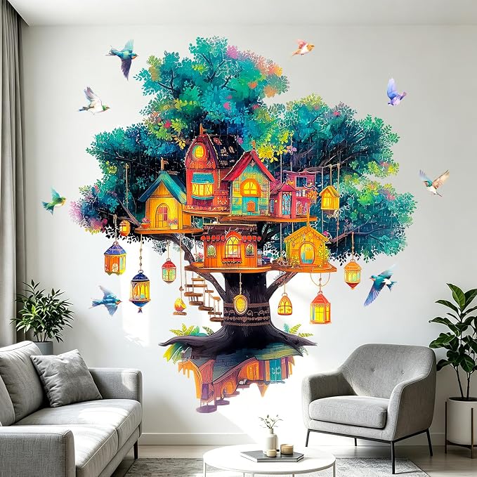 Magical Tree House Village Wall Decals Lanterns Birds Kids Nursery Decor | Peel and Stick Branches Wall Stickers & Murals, Removable Vinyl Home Decor Art for Bedroom Living Room Classroom Office - Image 3