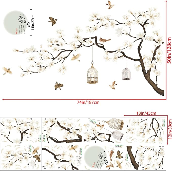 LiveGallery White Peach Blossm Flowers Wall Stickers Chinese Style Tree Branches Wall Decals Removable DIY Ancient Poems Petal Moon Birdcage Wall Art Murals for Girls Bedroom TV Background (Right) - Image 7