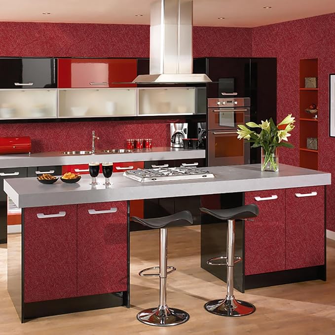 Dark Red Peel and Stick Self Adhesive Wallpaper Embossed Silk Contact Paper | 15.7" X 118" Removable Waterproof Bathroom Countertop Contact Paper Kitchen Vinyl Wrap for Cabinet Wall Cover - Image 4