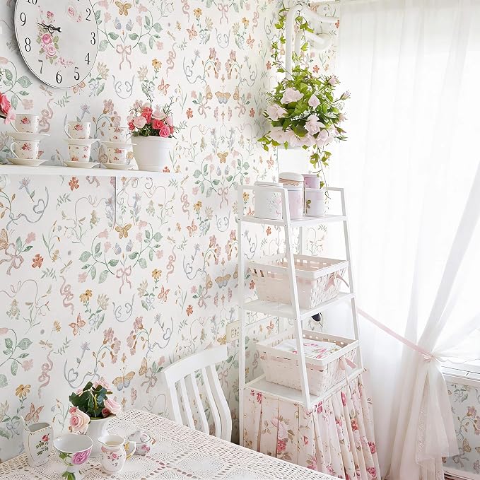 Peel and Stick Wallpaper for Nursery White Cute Bow Leaf Waterproof | 393"×17.3" Colorful Butterfly Wallpaper Cute Accent Wall Decor with Grid Lines for Bedroom Vinyl Self-adhesive - Image 2