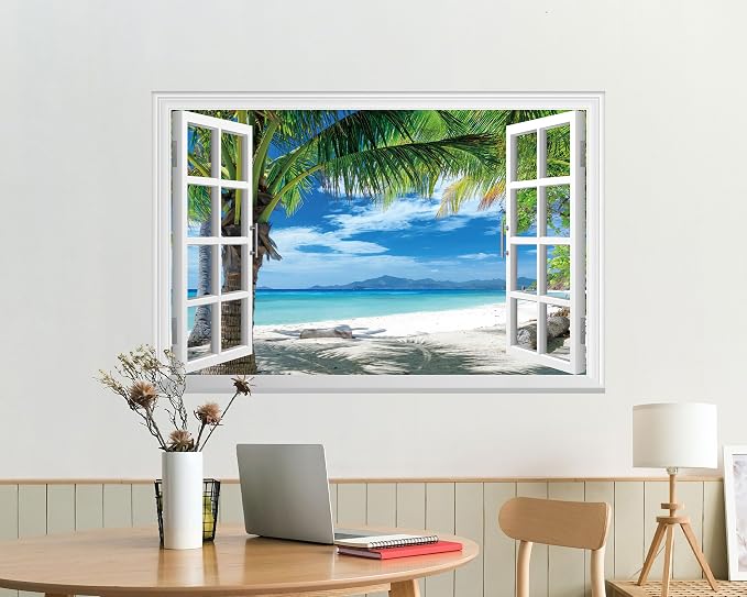 FLFK Fake Window Wall Mural - Beach Palm Trees Faux Window Wall Sticker for Wall Decor, Stick and Peel Wall Decals,48"x32",Set of 2 Sheets - Image 5
