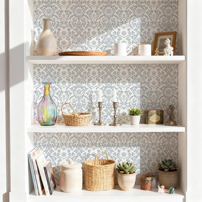 YXTII 17.3" × 393.7" Blue Floral Peel and Stick Wallpaper, Damask Vintage Wallpaper for Bedroom Bathroom Self Adhesive Removable - Image 8