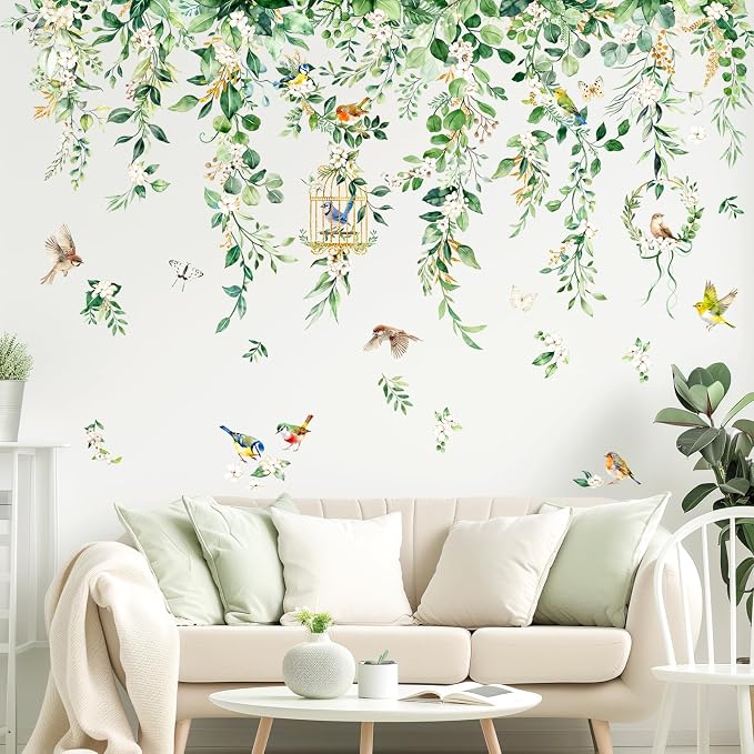 Supzone Hanging Vine Leaves Wall Decals - 45" x 28" Green Eucalyptus Leaves Flowers Birds Vinyl Wall Stickers for Living Room Bedroom TV Sofa Backdrop Decor - Image 6