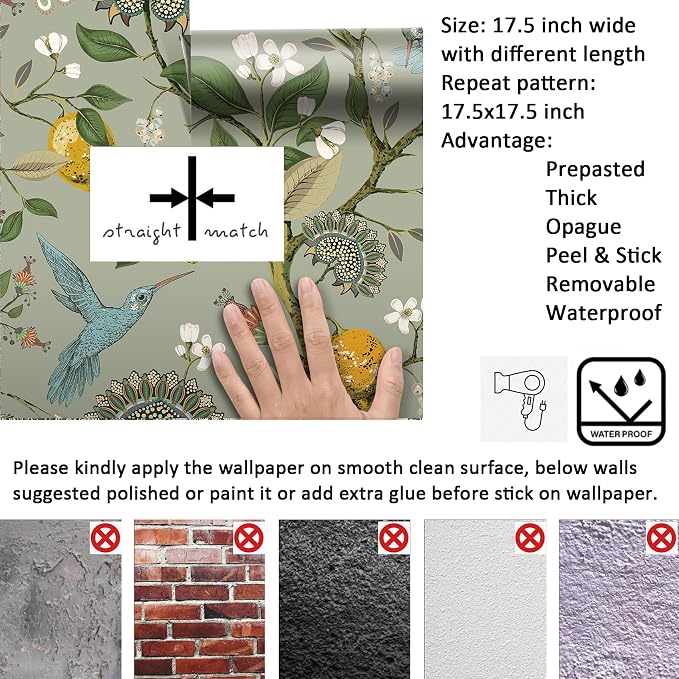 Livelynine 17.5x591 Vintage Peel and Stick Wallpaper Birds Flowers Kitchen Wallpaper Sage Green Floral Gold Lemons Trees Boho Blue Bird Self Adhesive Contact Paper Decorative Cabinet Vinyl Wrap Walls - Image 6