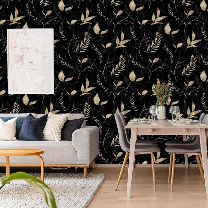 Dark Black and Gold Leaf Peel and Stick Wallpaper 17.7" x 213" | Self-adhesive removable waterproof leaf design for bedroom accent walls and renter friendly spaces - Image 8