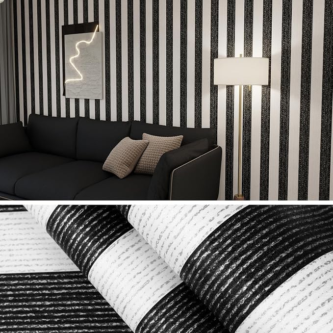 Black Stripe Peel and Stick Wallpaper 15.7" x 118" Black and White Self-Adhesive Wallpaper Removable Waterproof Contact Paper for Cabinets,Bedroom,Nursery,Accent Wall by Biyoeepeelstickwallpaper