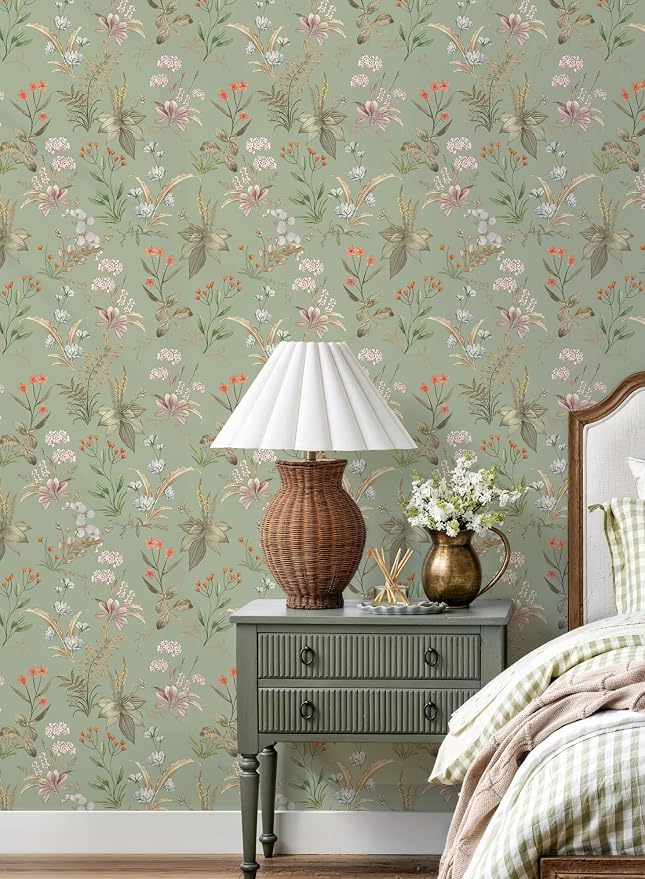 Simon&Siff Vintage Floral Peel and Stick Wallpaper 480"x17.3" | Sage Green Botanical Contact Paper, Self Adhesive Removable Wall Paper, Renter Friendly, Bedroom Cabinets DIY Decor - Image 5