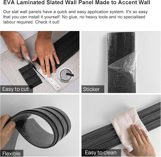 4 Rolls Black Peel and Stick PVC Slat Wall Panel, 4“x96” Self-Adhesive Thick Faux Wood Grain Wallpaper Panel, 3D Sound Proof Panels for Walls, Wood Panels for Wall Peel and Stick for Accent Walls - Image 8
