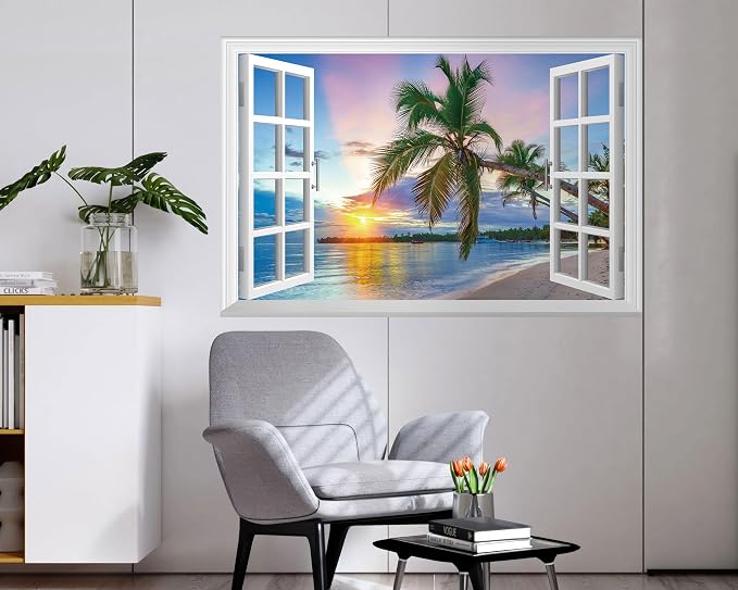 FLFK Fake Window Wall Mural - Sunrise Over the Sea Faux Window Wall Sticker for Wall Decor, Stick and Peel Wall Decals,48"x32",Set of 2 Sheets - Image 3
