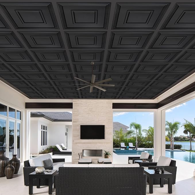 STICKGOO Black PVC Ceiling Tiles, 24 x 24 in, 12 Pack | 2 x 2ft Drop ceiling panels, covers 48 sq ft, lightweight, ideal for glue-up installation or covering existing ceiling - Image 9