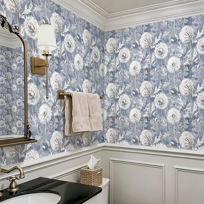 Jeweluck Blue Floral Peel and Stick Wallpaper Dandelion 16.9" x 118.1" | Vintage Blue Contact Paper Peel and Stick Dandelion Boho Self Adhesive Removable Wallpaper for Bathroom Cabinets Decorative - Image 6