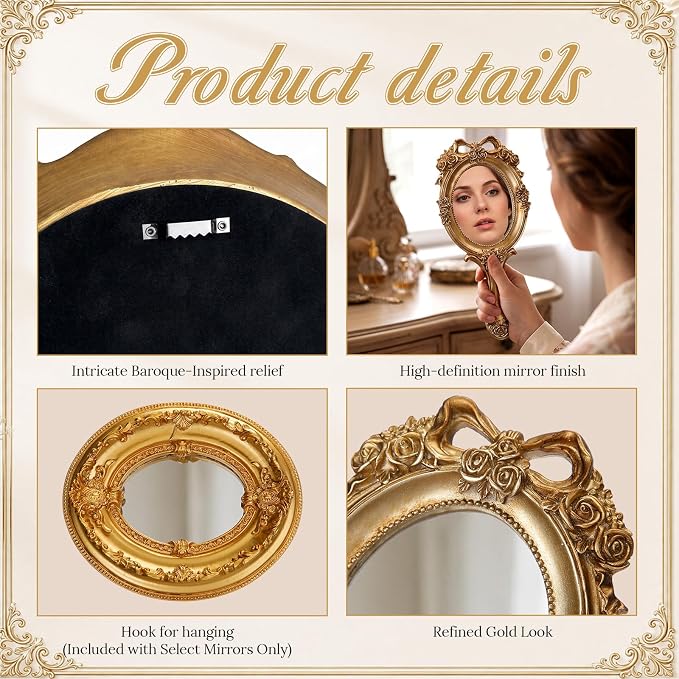 Kathfly 6 Pack Vintage Gold Mirror for Wall Gold Antique Wall Hanging Mirrors for Bedroom Decorative Resin Frame Baroque Style Assorted Sizes Tabletop Tray for Gallery Home Living Room Decor(Mixed) - Image 6