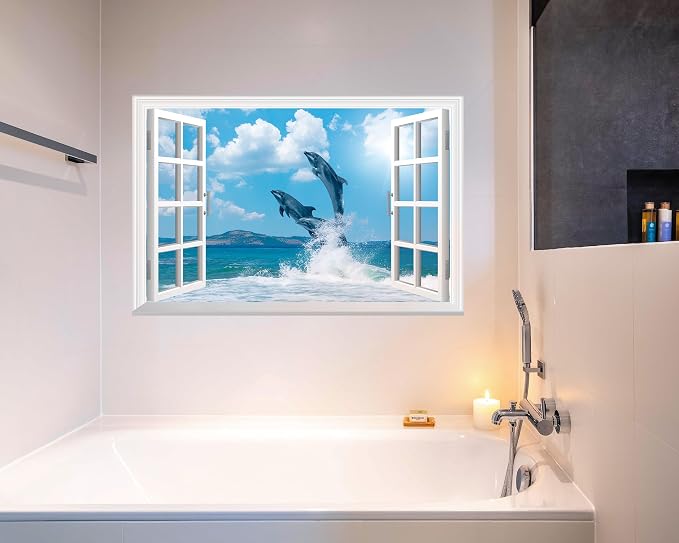 FLFK Fake Window Wall Mural - Ocean Dolphins Faux Window Wall Sticker for Wall Decor, Stick and Peel Wall Decals,48"x32",Set of 2 Sheets - Image 5