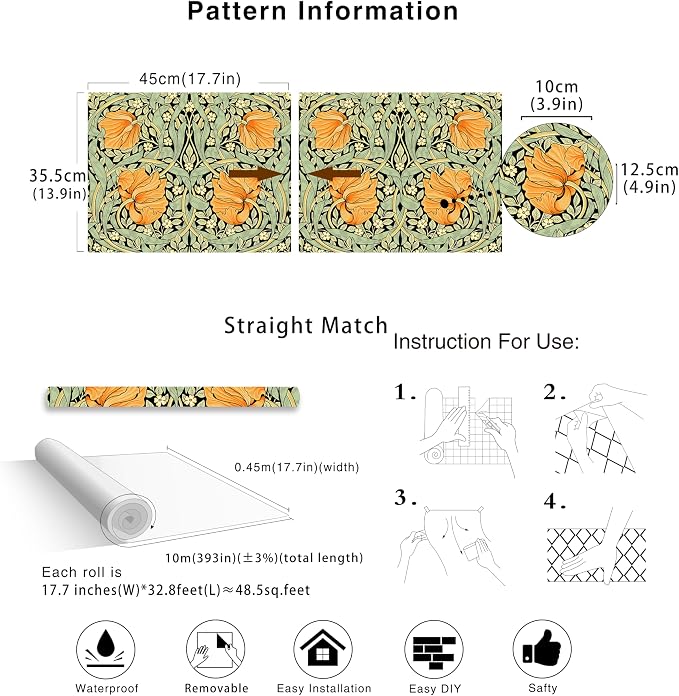 HAOKHOME William Morris Style Wallpaper Floral Orange 17.3in x 32.8ft | Long Peel and Stick Textured Wall Paper Renter Friendly Removable Black Green Yellow Floral Bathroom Bedroom Contact Paper - Image 7