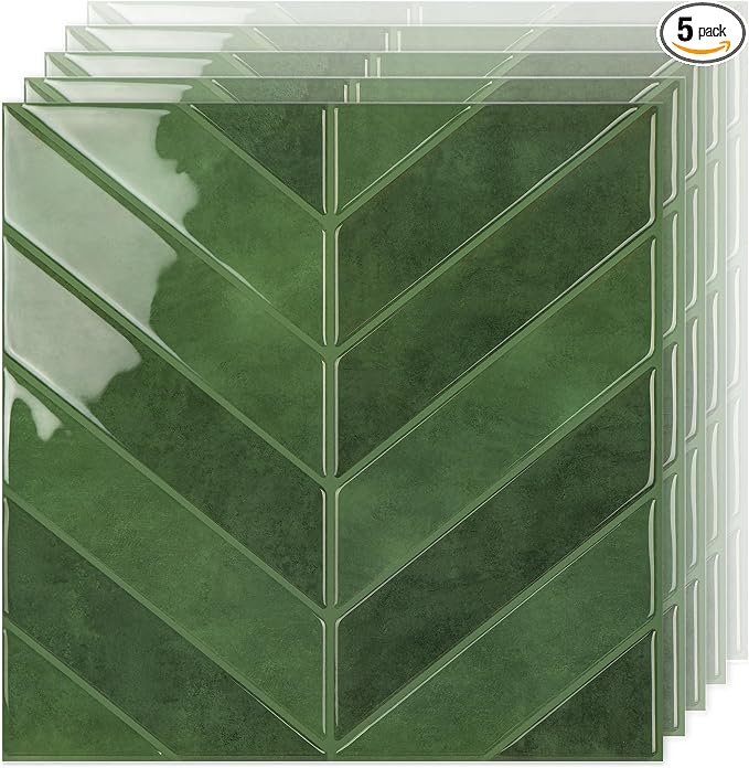 Select 5 Pack Peel and Stick Backsplash Chevron Tiles, 12x12 in, Green | Extra Thick 3D Wall Panels, Heat & Water Resistant, Easy DIY Kitchen, Bathroom, Laundry, Fireplace & Rental Home Wall Décor by selectlighting