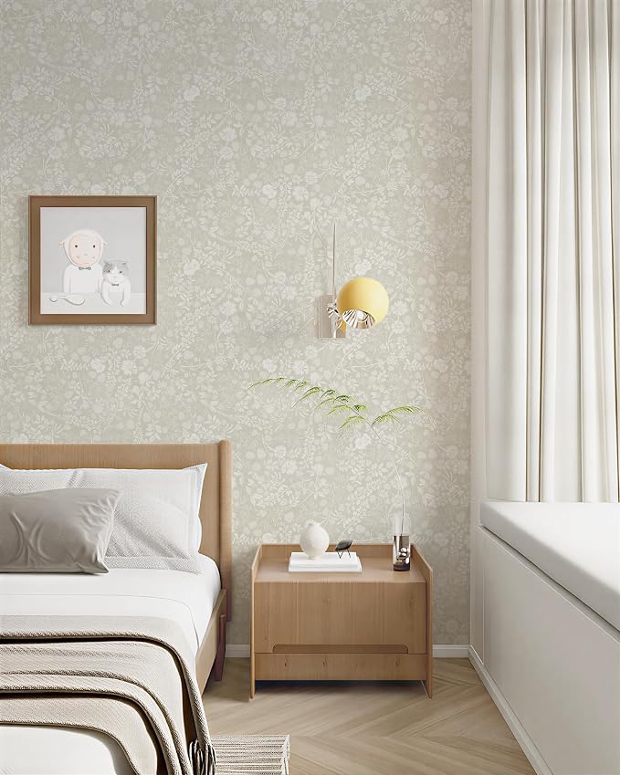 Beige and Cream White Peel and Stick Wallpaper Floral Wallpaper Slef Adhesive Removable Waterproof Contact Paper Boho Wall Paper for Dining Room Bedroom Living Room Bathroom Kitchen 17.3''x78.7'' - Image 3