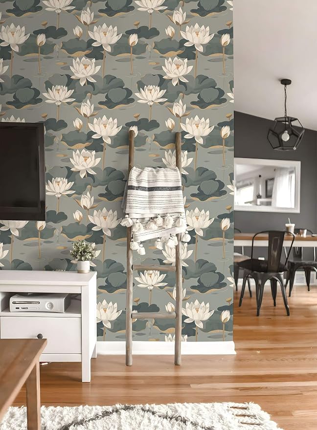 Lotus Flower Peel and Stick Wallpaper, Elegant Asian Botanical Water Lily Design (Gray-Green) Classic Plants for Home Decor | 17.7" x 236", Self-Adhesive, Waterproof Vinyl - Image 5
