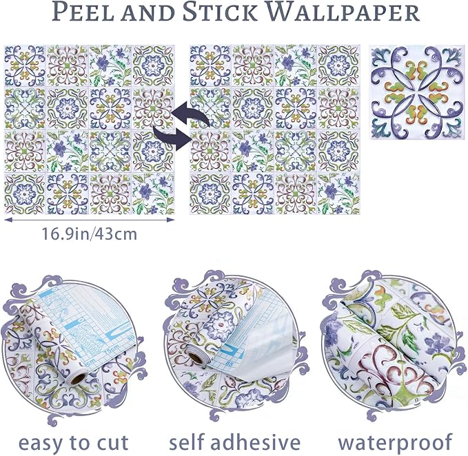 Wudnaye Blue Tile Peel and Stick Backsplash Wallpaper for Kitchen 17"×196" | Faux Tile Contact Paper Vintage Boho Self Adhesive Wallpaper Peel and Stick Tile Pattern Waterproof Removable Wall Paper - Image 5