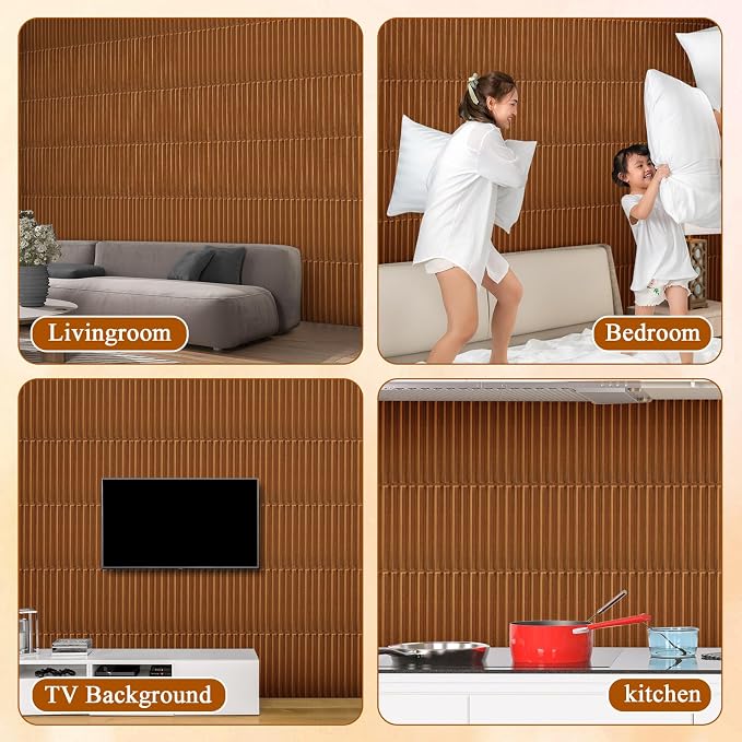 Nuanchu 32 Pcs 3D Wall Panels, 12"x12" PVC Fluted Tiles, Walnut | Waterproof Accent Panels, Paintable Wall Tiles, for TV Background, Bedroom, Bathroom, Gaming Room, Cuttable Home DIY Decor - Image 7