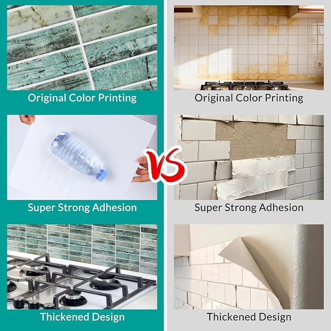 Joysticky 10-Sheet Peel and Stick Backsplash, 12" * 12" Crystal Texture Stick on Tiles Backsplash for Kitchen & Bathroom，Thicker Design Peel and Stick Wall Tiles（Greenstone Pattern） - Image 2