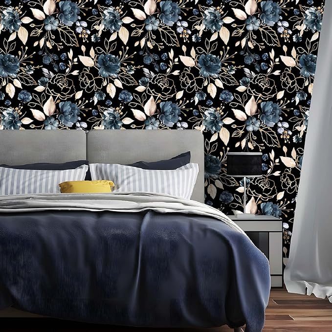 Black Gold Floral Peel and Stick Wallpaper 17.7"x393.3" | Removable thick vinyl, dark botanical design with navy blue flowers, bedroom, bathroom, renter friendly accent walls - Image 2