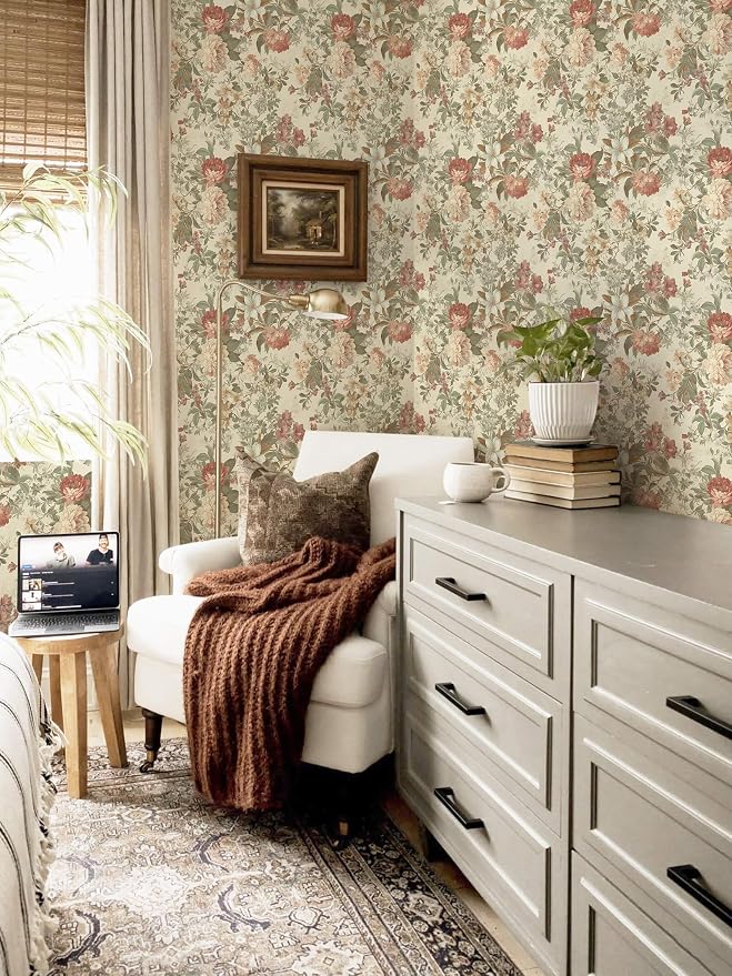 Floral Wallpaper Vintage Peel and Stick Wallpaper for Bathroom 78.7"×17.3" Cream Floral Wall Paper Peony French Country Contact Paper for Nursery Kitchen Self-Adhesive Vinyl Waterproof - Image 9