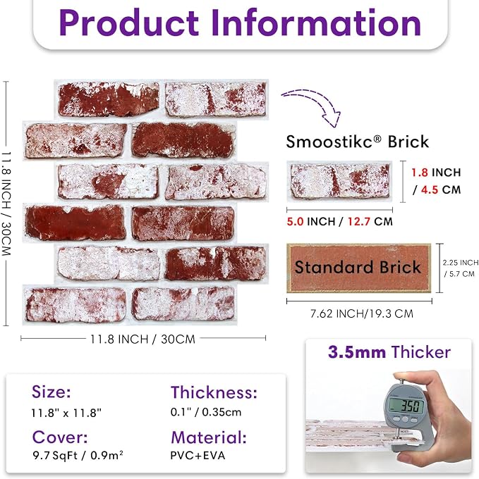 3D Faux Brick Wall Panels Peel and Stick, Designed for Quick DIY | 10 Pcs 11.8" x 11.8", Small Brick-Look, Ultra-Light PVC Fake Brick Wall Covering for Wall Renovation, Cover 9.7 sq ft - Image 5