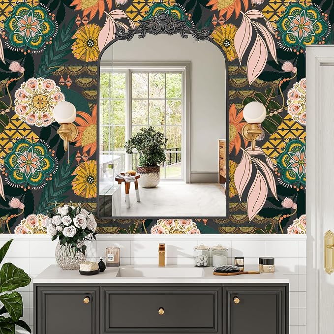 HAOKHOME Funky Peel and Stick Wallpaper Boho Tropical Floral Grey Vintage | Textured Removable Waterproof Renter Friendly Wall Paper Dark Gray Pink Green Banana Leaf Bathroom Bedroom 17.3in x 9.8ft - Image 3