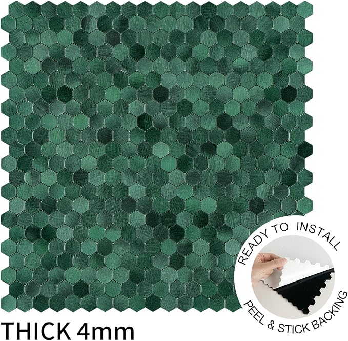 Select 5 Pack Hexagon Peel and Stick Backsplash Tiles, Hunter Green | Self Adhesive Metal Backsplash Stick On Aluminum Tiles for Kitchen Bathroom, 12” x 12” Wall Tiles w/10 Edge Pieces - Image 5