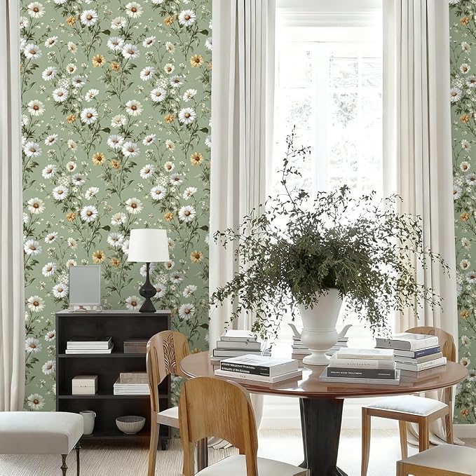 Livebor Floral Peel and Stick Wallpaper Green Wallpaper 16.9in x118.1in | Daisy Floral Contact Paper Flower Wallpaper Peel and Stick Modern Self Adhesive Removable Wall Paper for Bedroom Vinyl - Image 9