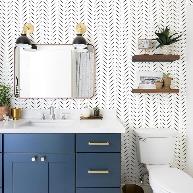 Orainege Black and White Peel and Stick Wallpaper Herringbone Contact Paper | for Bathroom 17.7in x 118.1in Modern Geometric Self Adhesive Wallpaper for Laundry Room Bedroom Vinyl Roll - Image 6