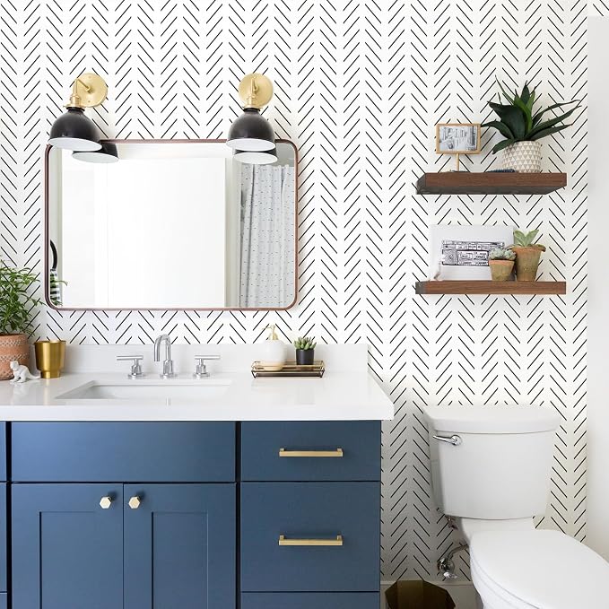 Orainege Black and White Wallpaper Peel and Stick Wallpaper Geometric | Modern Herringbone Contact Paper for Bathroom Bedroom 17.7in x 590.5in Self Adhesive Wallpapers Removable - Image 7