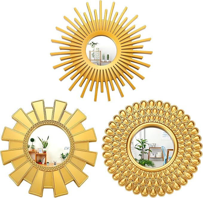 Fourluoo 3 Pack Gold Sunburst Wall Mirrors Decor, Sun Mirror Wall Decor by Fourluoo