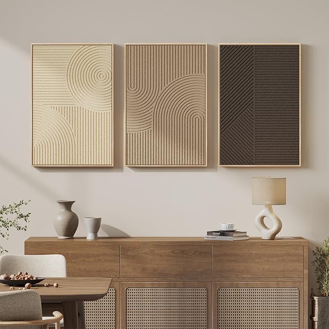Large 3D Framed Neutral Abstract Wall Art Set of 3, Modern Artwork 20x30 In | Solid Wood Frame, Textured Paintings, Beige Brown Tan Geometric Sculptural, Pictures Wall Decor Living room Bedroom Office - Image 2
