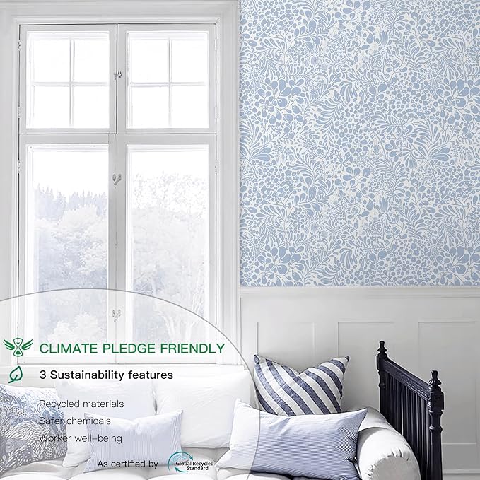 Heroad Blue Floral Peel Stick Wallpaper Boho Contact Paper 17.3''x78.7'' | Modern Wall Paper for Bedroom Bathroom,Removable Self Adhesive Wallpaper for Kitchen Cabinet,Waterproof Decor Vinyl Roll - Image 9