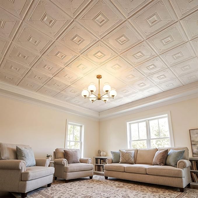 Nuanchu 40 Pcs 13.8 x 13.8 Inch Ceiling Tiles Peel and Stick, Modern | Foam White 3D Wall Panels 26-105.5 Sq. ft Adhesive Glue up Waterproof Wallpaper for DIY Office Home - Image 7