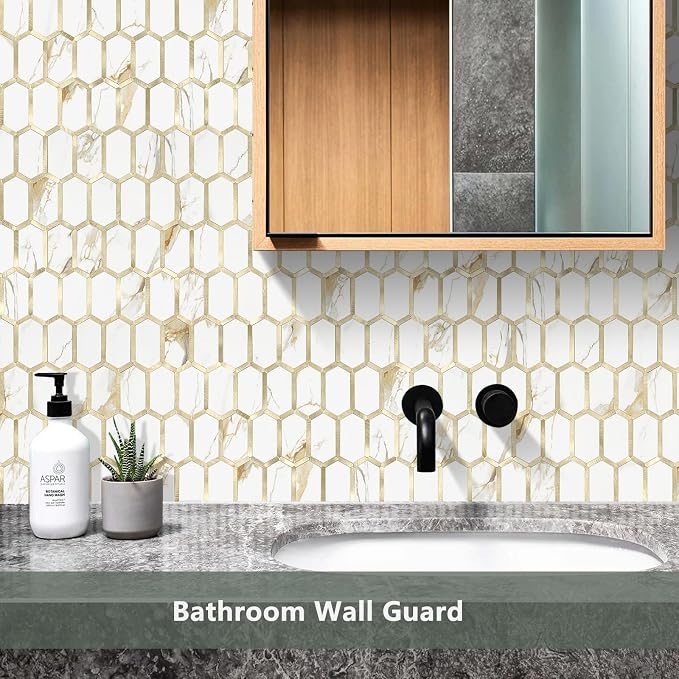 Vamos Tile Long Hexagon Peel and Stick Tile Backsplash - 10 Sheets Stick on Backsplash for Kitchen and Bathroom Calacatta Gold Mixed Metal Light Gold PVC Self Adhesive Mosaic Wall Tiles(Seamless) - Image 7