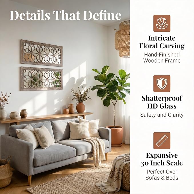 Set of 2 13x30 Inch Large Brown Shatterproof Carved Floral Wood Frame Wall Mirrors, Boho Farmhouse Rustic Accent Mirrors for Living Room Bedroom Bathroom & Home Decor - Image 4
