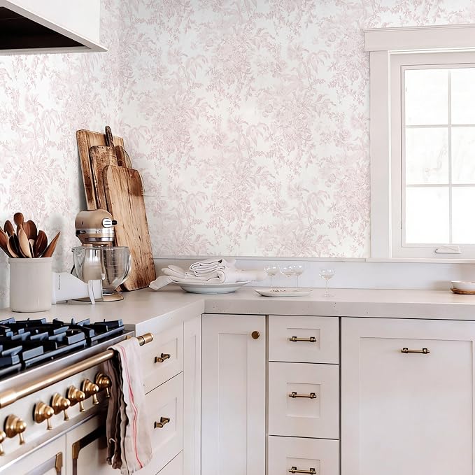 Heroad Pink Peel and Stick Wallpaper Toile Floral Contact Paper Boho Leaf Removable Wall Paper Self Adhesive Stick On Wallpaper for Girls Bedroom Bathroom Renter Friendly Vinyl Roll 17.3''X78.7'' - Image 9