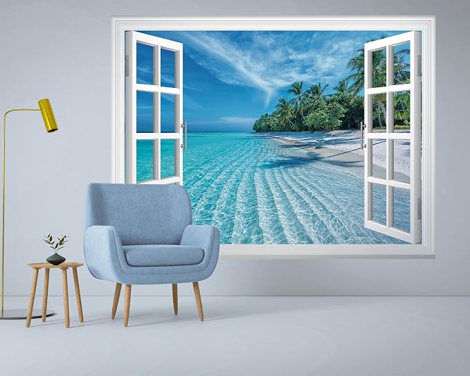 FLFK Fake Window Wall Mural - Summer Beach Faux Window Wall Decal for Wall Decor, Peel and Stick Wall Sticker,80"x60",Set of 5 Sheets - Image 6