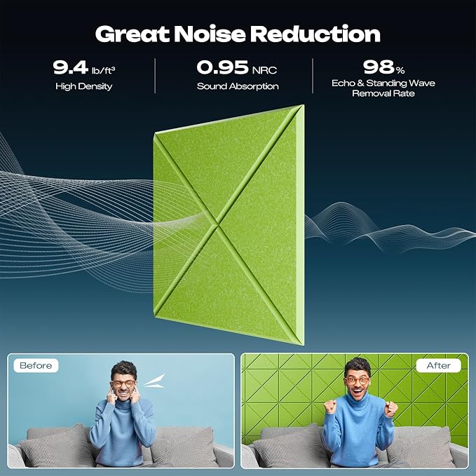 Sonicism 22 Pack X-Lined Acoustic Panels with Self-Adhesive, 12"X 12"X 0.4" Sound Proof Foam Panels, Decorative Soundproof Wall Panels, Sound Absorbing Tile for Home & Offices, Light Green - Image 3