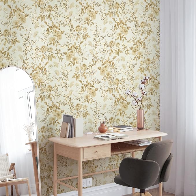 Erfoni Boho Floral Peel and Stick Wallpaper Floral Leaf Contact Paper | 16.9" x197" Yellow Brown Flower Self Adhesive Wallpaper DIY Removable Decoration Wallpaper for Accent Walls Covering - Image 3