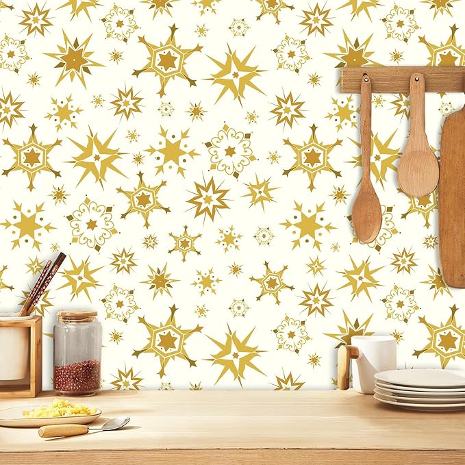 Gold and White Peel and Stick Wallpaper Retro Atomic Star Wallpapers Modern Self Adhesive Contact Paper Removable Mid Century Starburst Wall Art Mural Vinyl Film for Cabinet Drawer Bedroom Living Room - Image 2