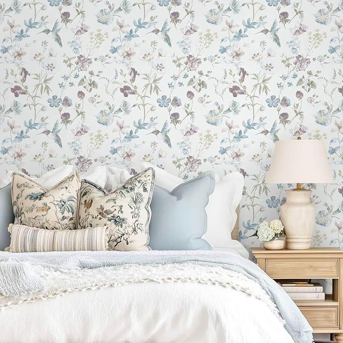 Ismoon Floral and Bird Peel Stick Wallpaper Blue Contact Paper 17.3x393in | Hummingbird Flower Wall Paper Removable Self Adhesive Waterproof Vinyl Wallpaper for Bedroom Cabinet Wall Decro - Image 6