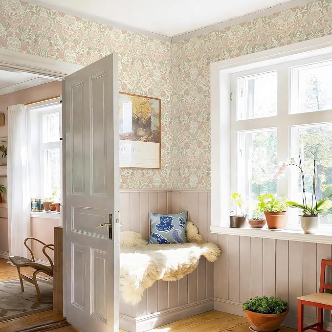 Heroad Vintage Peel and Stick Wallpaper Pink and Green Floral Contact Paper | Boho Damask Wallpaper,17.3''x196'',Removable Renter Friendly Wall Paper for Bathroom Bedroom Laundry,Self Adhesive Vinyl - Image 8