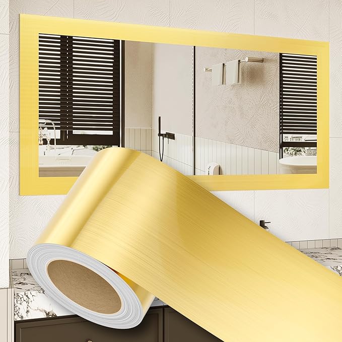 Peel and Stick Wallpaper Borders 390” x 4” Self Adhesive Mirror Frame Border Brushed DIY for Kitchen Bathroom Mirror Removal Border Sticker Wall Decor Cover 10.8 Sq.Ft, Brushed Golden by HomeUpgradeMadeSimple
